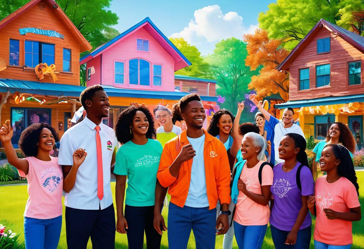 A diverse group of individuals of varying ages and backgrounds, joyfully interacting in a supportive community setting. Include symbols of advocacy like ribbons and signs emphasizing inclusivity. Background showcasing vibrant illustrations of a supportive environment with nature and community buildings, radiating positivity and empowerment. neon colors. 3D effect.