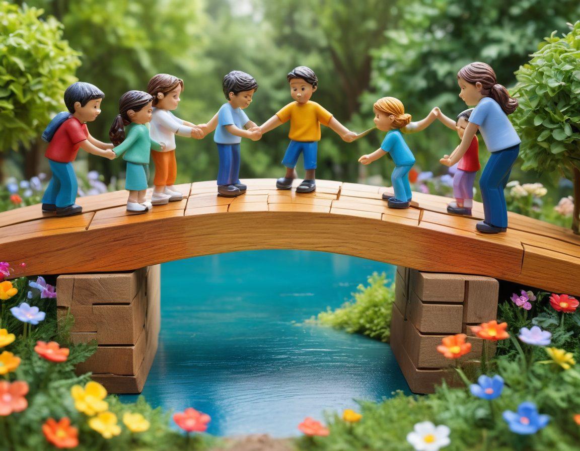 A heartwarming scene depicting a diverse group of people constructing a bridge together, representing unity and support in the autism community. The bridge is adorned with colorful puzzle pieces symbolizing autism, while cheerful children play nearby, holding hands with supportive adults. The background features a vibrant community park filled with greenery and blooming flowers, emphasizing hope and connection. bright colors. 3D. painterly style.