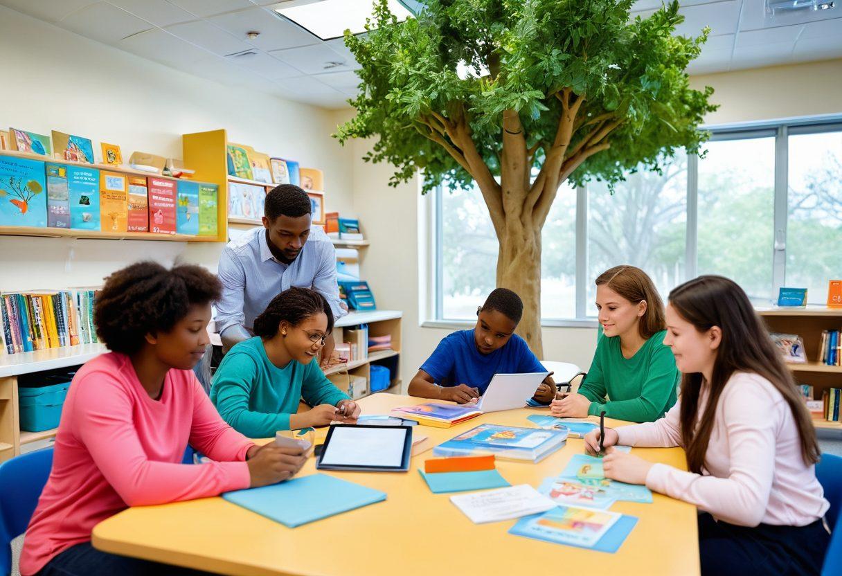 A diverse group of individuals engaging in an interactive classroom setting, surrounded by educational resources like books, tablets, and visual aids tailored for autism. Highlight a warm and welcoming atmosphere, with children and adults collaborating. Include symbolisms of growth, such as trees or light bulbs, to represent empowerment through education. Soft pastel colors and a bright, uplifting background. super-realistic. vibrant colors.